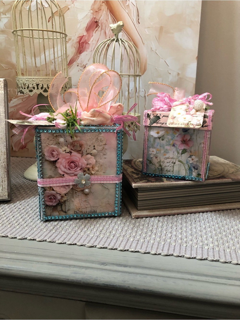 Hand Crafted Pink Floral Decor Gift Boxes with Blue Trim - Picture 11 of 14